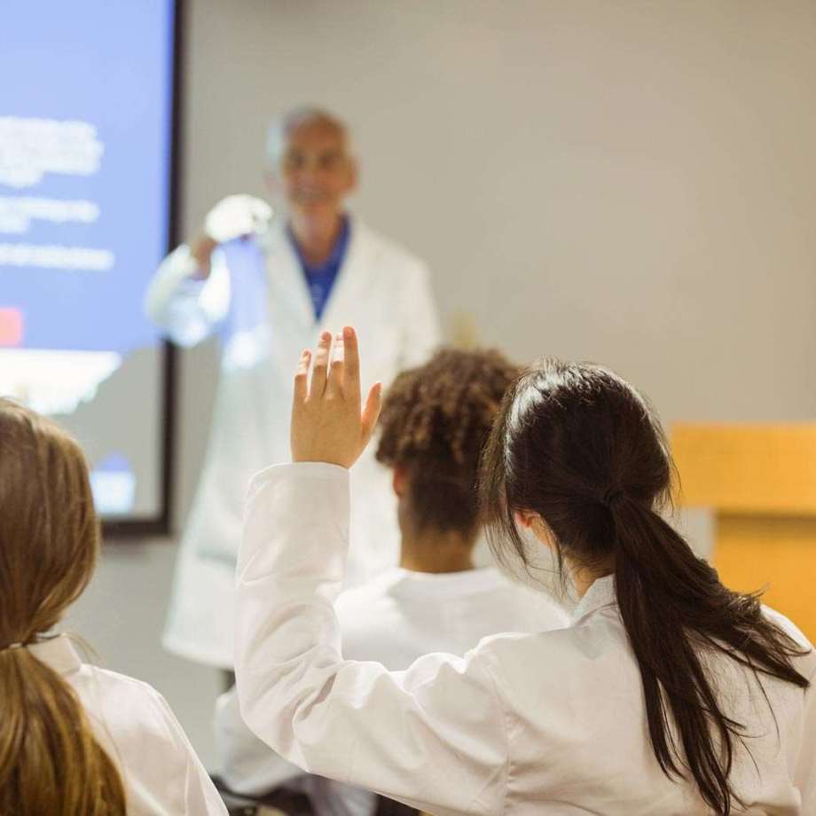 Student raising hand in class