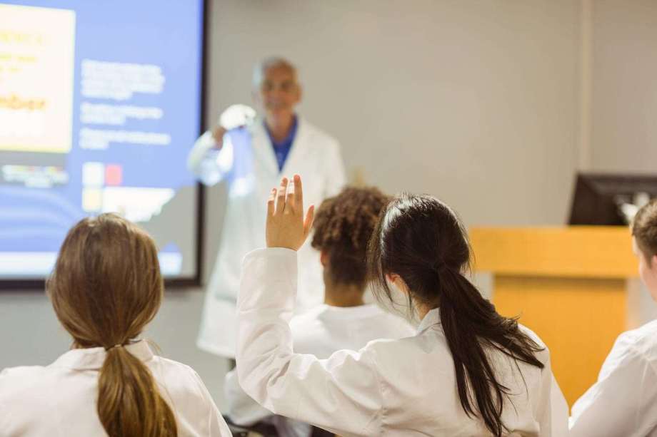 Student raising hand in class